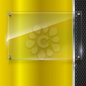 Elegant vector yellow metallic background with glass banner. Color polished texture with highlights and glow on the background of metal mesh. Vector editable texture, easy to change size