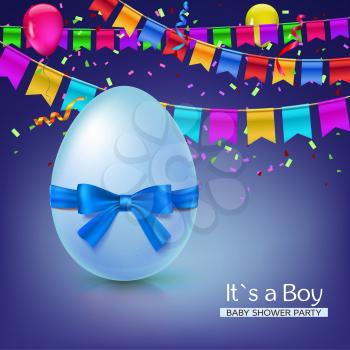 It s a boy baby shower concept with blue ribbon bow and egg. Vector illustration. Party invitation template with carnival flag garlands, confetti, streamers and tinsel.