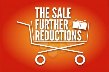Shopping cart, icon, symbol purchases and sales on a juicy red background. A large inscription in white letters the Sale further reductions