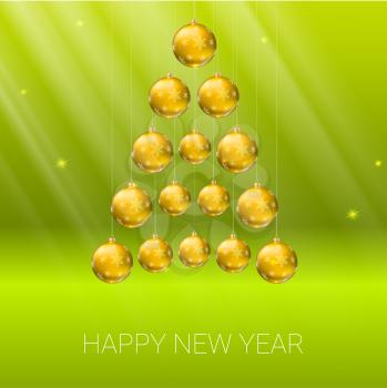 Christmas tree made from yellow christmas balls on the background of rays of light with shiny sparkles. Vector 3D illustration, template for your greeting card