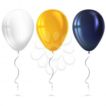 Inflatable air flying balloons isolated on white background. Close-up look at black, white and yellow balloons with reflects. Realistic 3D vector illustration