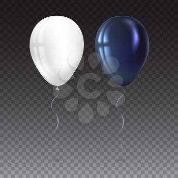 Inflatable air flying balloons isolated on transparent. Close-up look at black and white balloons with reflects. Realistic 3D vector illustration