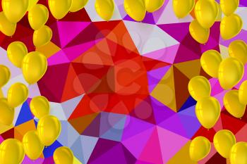 Greetings happy birthday card with inflatable balloons on background from colored bright triangles. Festive background for greeting cards, presentations, commercial ad with color, inflatable balloons.