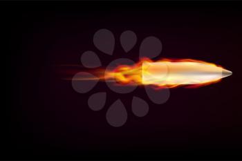Flying bullet with red tongues of flame on a dark background. Bullet in flame
