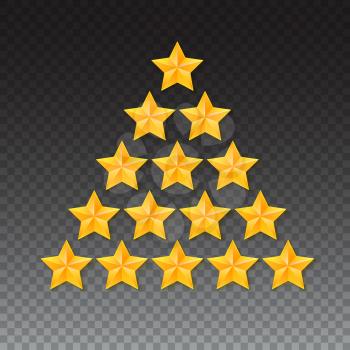 Set of rating stars. Gold, metal five-pointed stars in the shape of a Christmas tree. isolated on transparent background