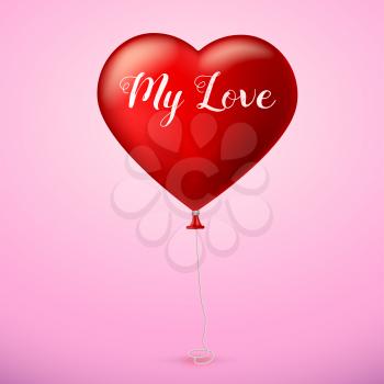 Bright red heart, the inflatable balloon in the shape of a realistic, big heart with tape, ribbon. Greeting card for your friends, loved ones with a bouncy ball in form heart on colored background.