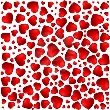 Red, purple heart. Pattern of the icons of hearts in different sizes. Background from 3D volumetric red heart with shadow and reflex on a white background, template for greetings cards.