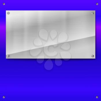 Shiny brushed metal plate with screws. Stainless steel banner on blue polished background, vector illustration for you