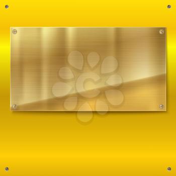 Shiny brushed metal gold, yellow plate with screws. Stainless steel banner on yellow polished background, vector illustration for you