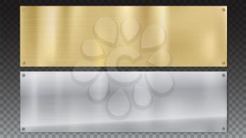 Banners of polished metal plates with screws. Polished metal background with metal texture on a transparent background. Yellow, gold, bronze and grey metal background for your design