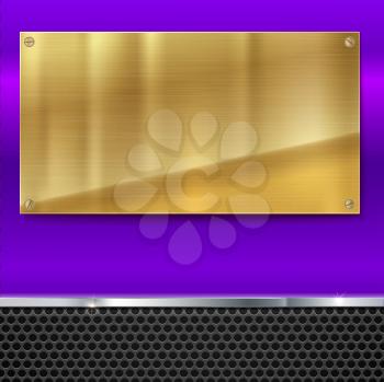 Shiny brushed metal gold, yellow plate with screws. Stainless steel banner on blue polished background with metal strip and black mesh, vector illustration for you