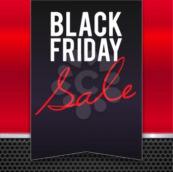 Black Friday sale large black banner, pennant, flag on a red background made of red painted metal with metal strip and mesh