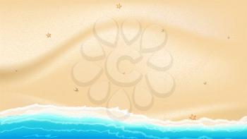 Coast of sea, ocean with yellow, Golden sand, scattered rocks, starfish. Sea surf, top view, background for a summer greeting card or promotional offers. Illustration with HD proportions 16-9