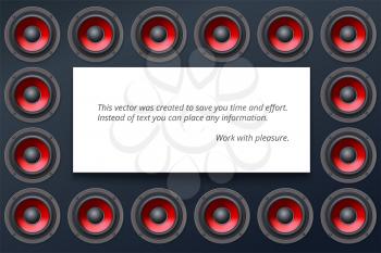 Audio speakers, subwoofers, wall of sound loudspeaker with red diffuser isolated on dark background. White banner with copy space, place for your text. Vector illustration, eps10