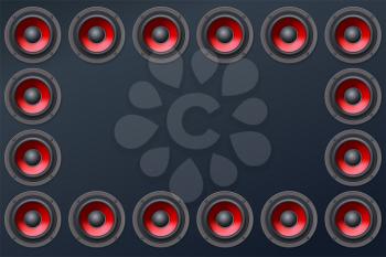 Audio speakers, subwoofers, wall of sound loudspeaker with red diffuser isolated on dark background. Copy space, place for your text. Vector illustration, eps10