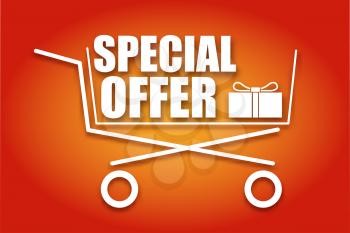 Shopping cart, icon, symbol purchases and sales on a juicy red background. A large inscription in white letters Special offer