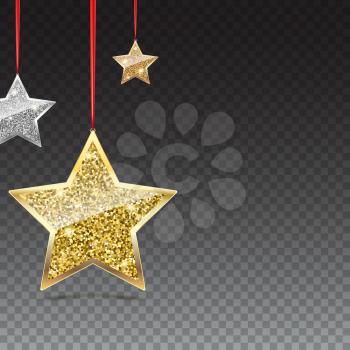 Glitter background with silver and gold hanging stars. Merry Christmas, Happy New Year greeting card on transparent background. Template for vip banners or card, exclusive certificate, luxury voucher
