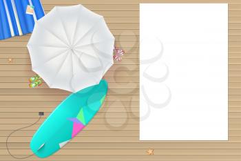 Background for summer holidays. White sun umbrella, surfboard, flip-flops and a beach Mat on the wooden background from light brown straps. Tropical seashore, top view. Summer travel background.