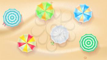 Set of colorful beach sun umbrellas flip-flops and beach Mat on the background of sand with beach flip flops and starfish, top view icons. Vector illustration for your design, poster, covers, or flyer