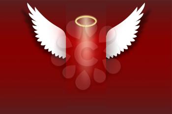 Angel wings with golden halo hovering on the red background Wings and golden halo. Card with white angelic wings with place for your text