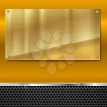 Shiny brushed metal gold, yellow plate with screws. Stainless steel banner on yellow polished background with metal strip and black mesh, vector illustration for you