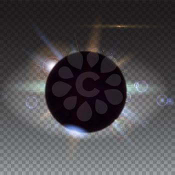 Solar eclipse, astronomical phenomenon, light rays and lens flare backdrop. Star burst with sparkles. The planet covering the Sun in eclipse, isolated on transparent.