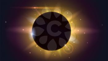 Glow light effect. Star burst with sparkles. Solar eclipse, astronomical phenomenon - full sun eclipse. Light rays and lens flare horizontal backdrop. The planet covering the Sun in eclipse