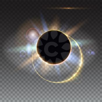 Solar eclipse, abstract light-rays of light. Blurred light rays and lens flare backdrop. Star burst with sparkles. The planet covering the Sun in eclipse. Isolated on transparent.