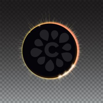 Solar eclipse - full sun eclipse. Bright light rays on black backdrop. The planet covering the Sun in eclipse. Glow light effect. Isolated on transparent background.