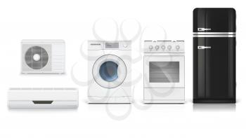 Air conditioning, washing machine, gas hob and black fridge, isolated 3D illustration with realistic shadows and reflections. Set icons of household appliances on a white background.