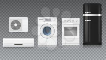 Air conditioning, washing machine, gas hob and black fridge, isolated 3D illustration with realistic shadows and reflections. Set icons of household appliances on a trasparent background.