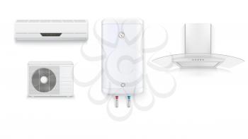Set icons of household appliances on a white background. Air conditioning, white water heater, extractor hood with glass, isolated 3D illustration with realistic shadows and reflections.