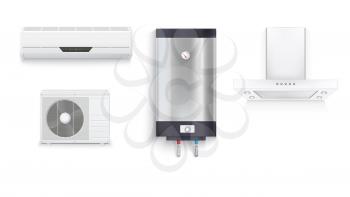 Set icons of household appliances on a white background. Air conditioning, water heater with chrome metal of front side, extractor hood, isolated 3D illustration with realistic shadows and reflections