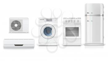 Set icons of household appliances on a white background. Air conditioning, washing machine, gas hob and white fridge, isolated 3D illustration with realistic shadows and reflections.