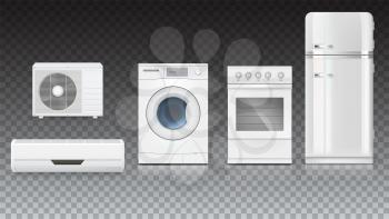 Set icons of household appliances on a transparent background. Air conditioning, washing machine, gas hob and white fridge, isolated 3D illustration with realistic shadows and reflections.