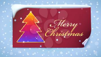 Christmas tree with glitter and flashes. New year banner with falling snowflakes. New year tree from color triangles with gold trim on a red background with greeting text, 3D illustration. .