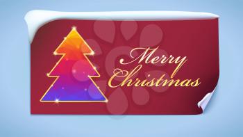 Christmas tree with glitter and flashes. New year tree from color triangles with gold on a red background with greeting text, 3D illustration. New year banner on blue backdrop.