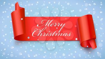 Christmas red banner with greeting text, 3D illustration. New year banner on falling snowflakes backdrop. Realistic paper red ribbon with wrapped corners.