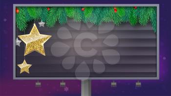 Billboard with Christmas banner. Spruce branches, gold and silver stars on wooden background. Festive atmosphere, 3D illustration on backdrop of night . Template for New Year, Christmas greetings card