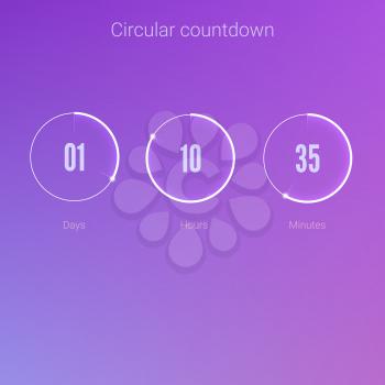 Clock application, UI elements. Design of countdown timer for coming soon or under construction action. Part of the User interface, circular counter. Template of digital clock
