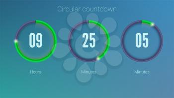 Design of countdown timer for coming soon or under construction action. UI elements. Part of the User interface, circular counter. Template of digital clock, 3D illustration.