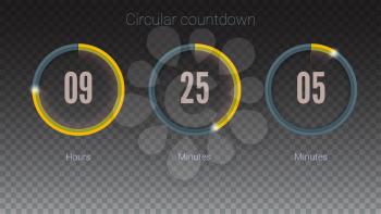 Design of countdown timer for coming soon or under construction action. Part of the User interface, circular counter. UI elements on transparent backdrop. Template of digital clock, 3D illustration.
