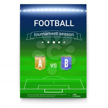 Poster template of Football championship. Night football stadium with the spotlights. Soccer cup advertising. Sport event announcement. Cover art of A4 size.