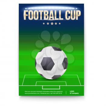 Football cup poster template with place for information and emblem of participants. Night football stadium in the spotlight with ball. 3D illustration, template for print design for football events.