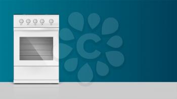 Template with gas stove with oven for advertisement on horizontal long backdrop, 3D illustration with place for text. Realistic white gas stove icon.