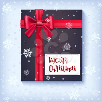 Black gift box with red bow and ribbon on snow backdrop. Congratulations card of Marry Christmas on snowy and frosty background. Template for your cover, poster, 3D illustration.
