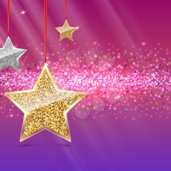 Glitter background with silver and gold hanging stars. Merry Christmas, Happy New Year greeting card on color background. Template for vip banners or card, exclusive certificate, luxury voucher