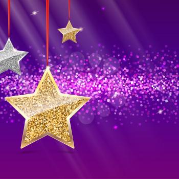 Glitter background with silver and gold stars hanging on red ribbons. Not filled greeting card for Merry Christmas, Happy New Year holidays. Template for vip banners or card, luxury voucher