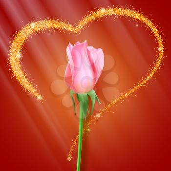 Realistic rose Bud. Close-up the flower Bud of the rose on the backdrop of big heart with glitter. Postcard the symbol of romance and love, a template for a greeting card, 3D illustration.