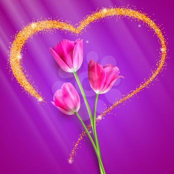 Realistic Tulip flowers. Flowers of tulips close-up on the backdrop of big heart with gold glitter dust. The symbol of romance. With love, template for a greeting card, 3D illustration.